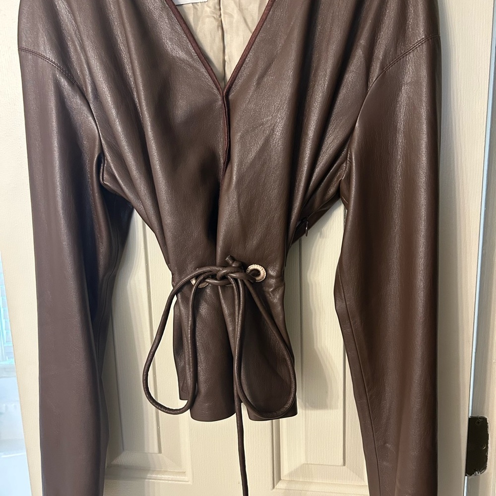 Nanushka Chocolate Leather Tie Jacket